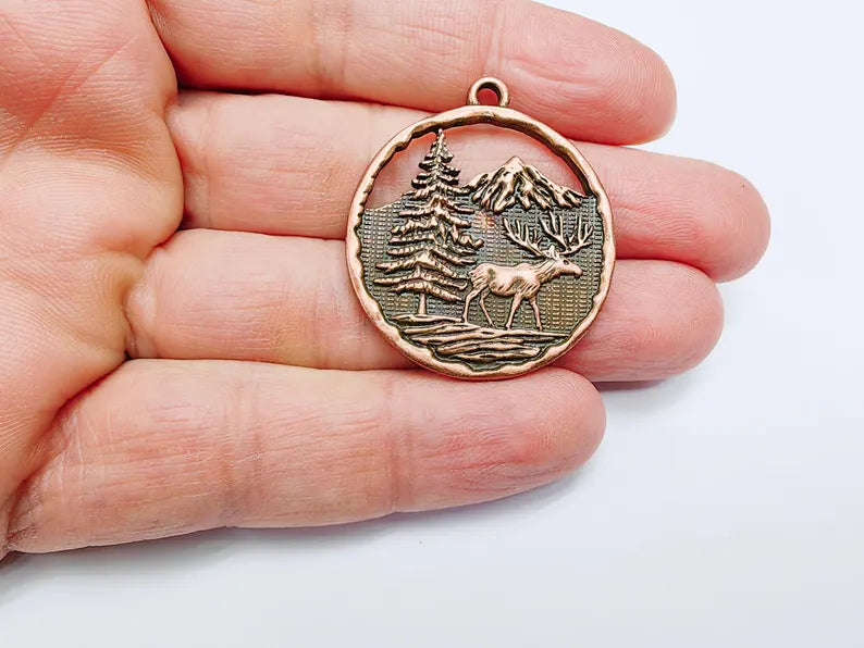 Elk Pendant, Deer Charms, Moose Forest Wildlife Charm, Mountain Tree, Rustic Boho DIY Craft Supply, Antique Copper Plated 39x34mm G36924