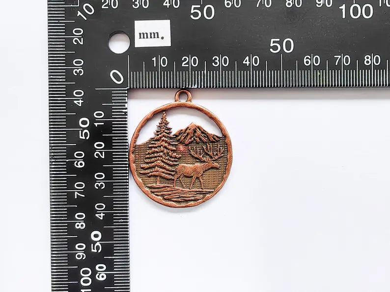 Elk Pendant, Deer Charms, Moose Forest Wildlife Charm, Mountain Tree, Rustic Boho DIY Craft Supply, Antique Copper Plated 39x34mm G36924