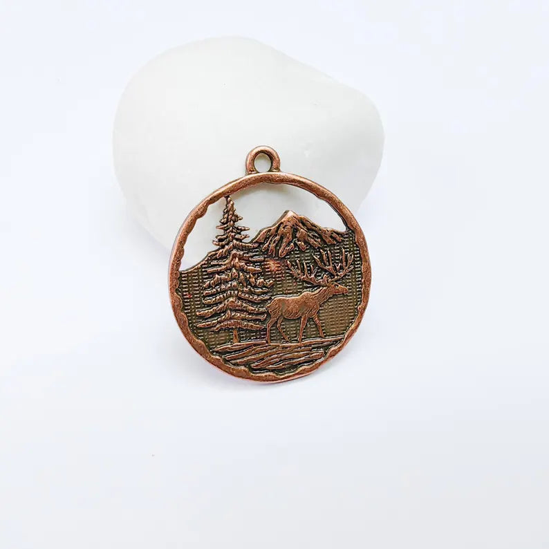 Elk Pendant, Deer Charms, Moose Forest Wildlife Charm, Mountain Tree, Rustic Boho DIY Craft Supply, Antique Copper Plated 39x34mm G36924