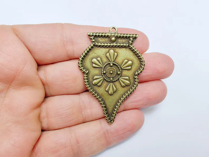 Ethnic Pendant, Tribal Boho Charm, Vintage Ornate Necklace, DIY Jewelry, Rustic Statement Craft Supply, Antique Bronze Plated 55x38mm G36930