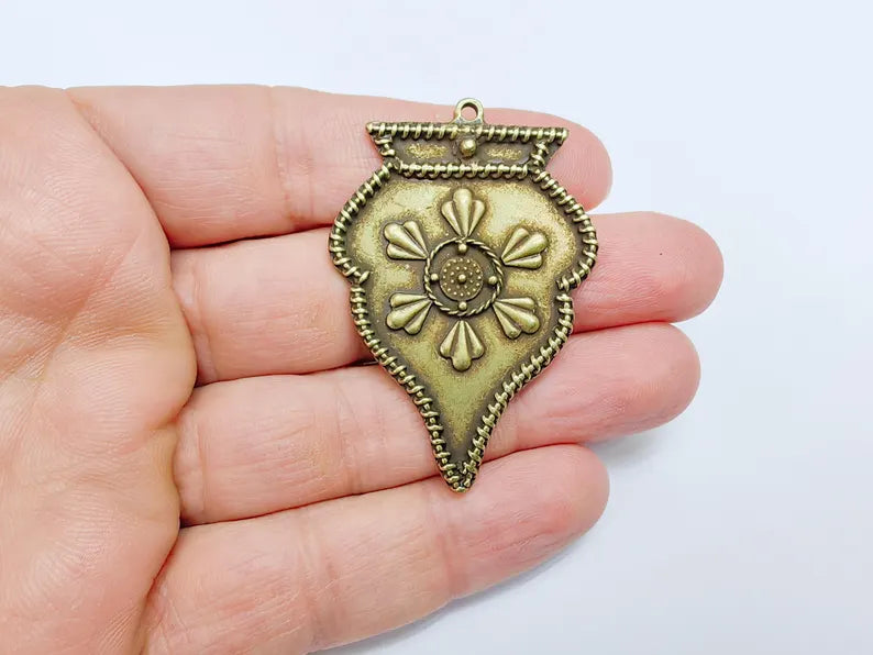 Ethnic Pendant, Tribal Boho Charm, Vintage Ornate Necklace, DIY Jewelry, Rustic Statement Craft Supply, Antique Bronze Plated 55x38mm G36930