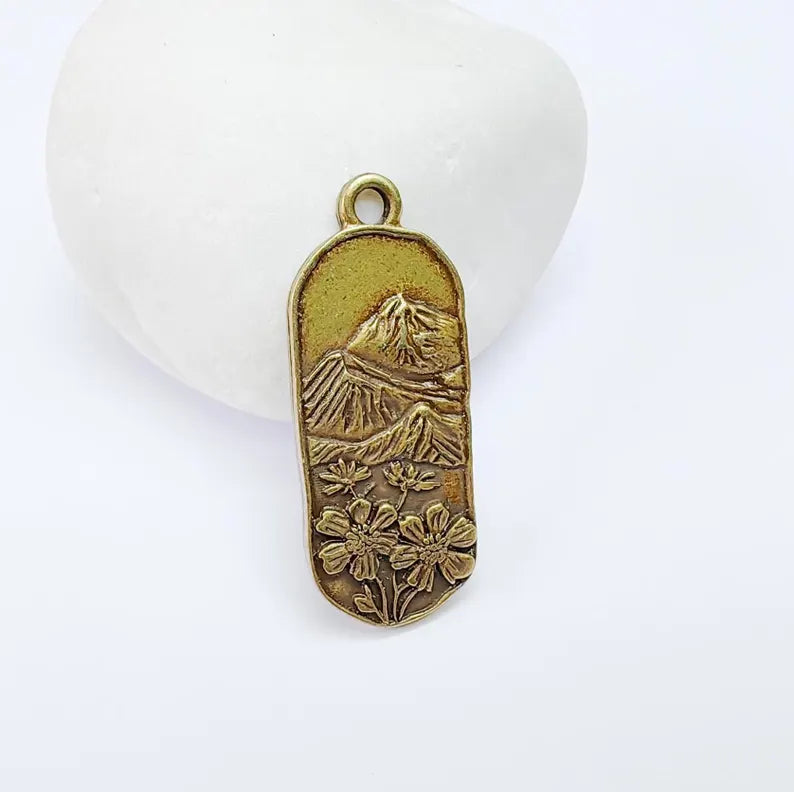 Floral Mountain Charm, Nature Pendant, Hiking Necklace Supply, Outdoor Adventure, Boho Rustic Earring, Antique Bronze Plated 39x15mm G36933