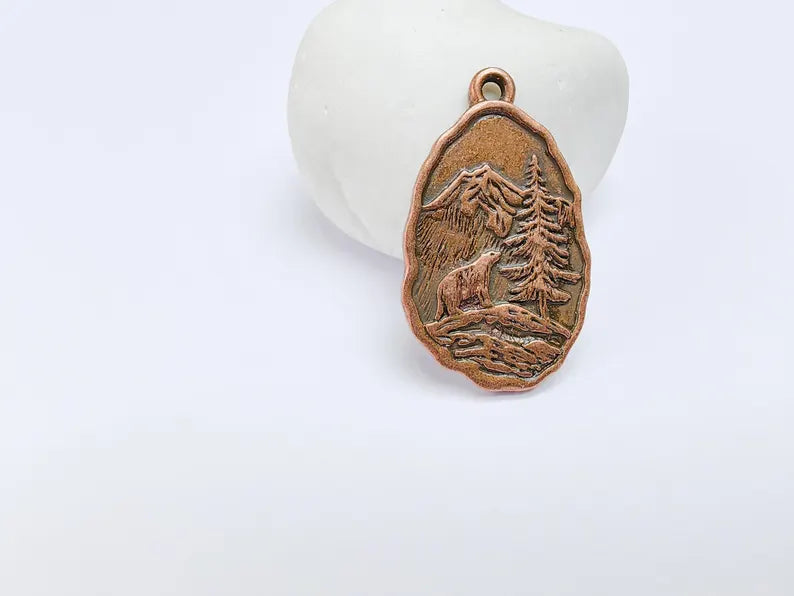 Bear Pendant, Wildlife Forest Charm, Mountain Necklace, Boho Nature Jewelry Craft, Outdoor Adventure, Antique Copper Plated 39x23mm G36936