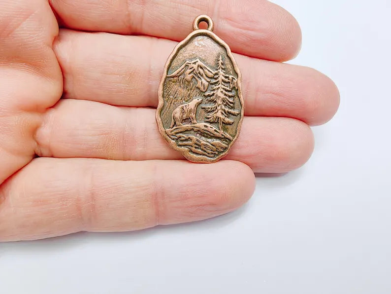 Bear Pendant, Wildlife Forest Charm, Mountain Necklace, Boho Nature Jewelry Craft, Outdoor Adventure, Antique Copper Plated 39x23mm G36936