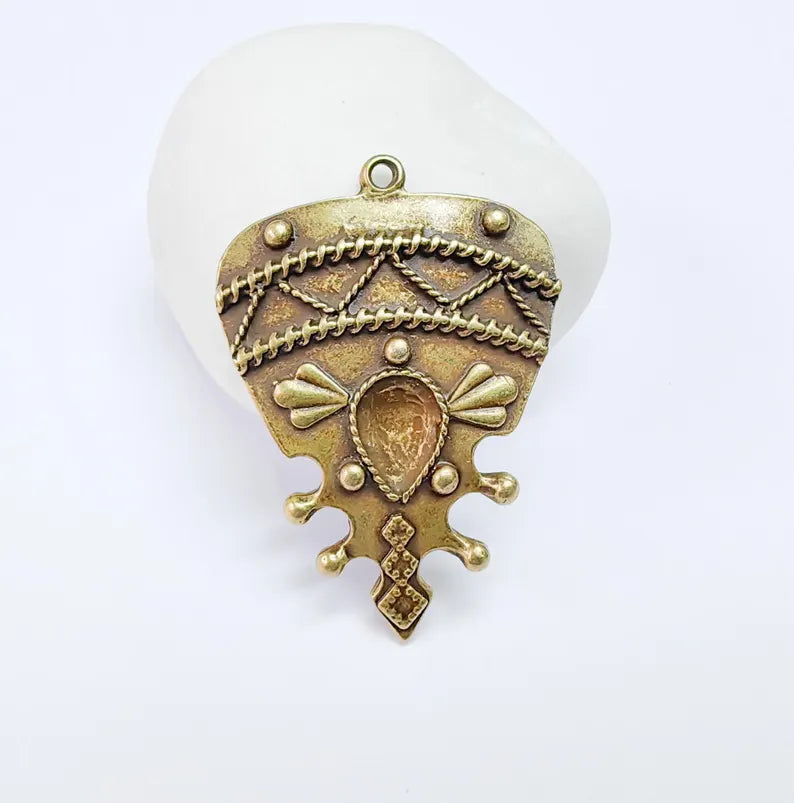 Tribal Pendant, Ethnic Boho Charm, Rustic Statement Necklace, Vintage Bohemian Craft Supply Antique Bronze Plated 48x34mm G36938