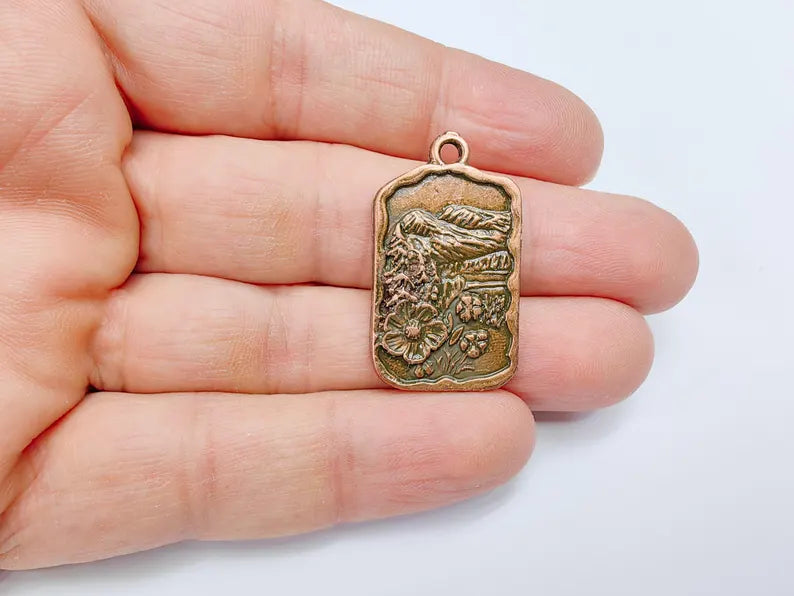 Floral Mountain Charm, Nature Pendant, Hiking Necklace Supply, Outdoor Adventure, Boho Rustic Earring, Antique Copper Plated 34x20mm G36942