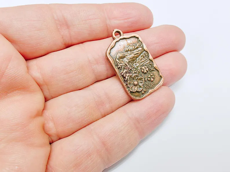 Floral Mountain Charm, Nature Pendant, Hiking Necklace Supply, Outdoor Adventure, Boho Rustic Earring, Antique Copper Plated 34x20mm G36942