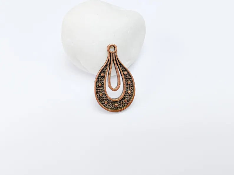 Teardrop Pendant, Filigree Boho Charm, Vintage Drop Jewelry, DIY Craft Rustic Elegant Necklace Supply, Antique Copper Plated 36x22mm G36944