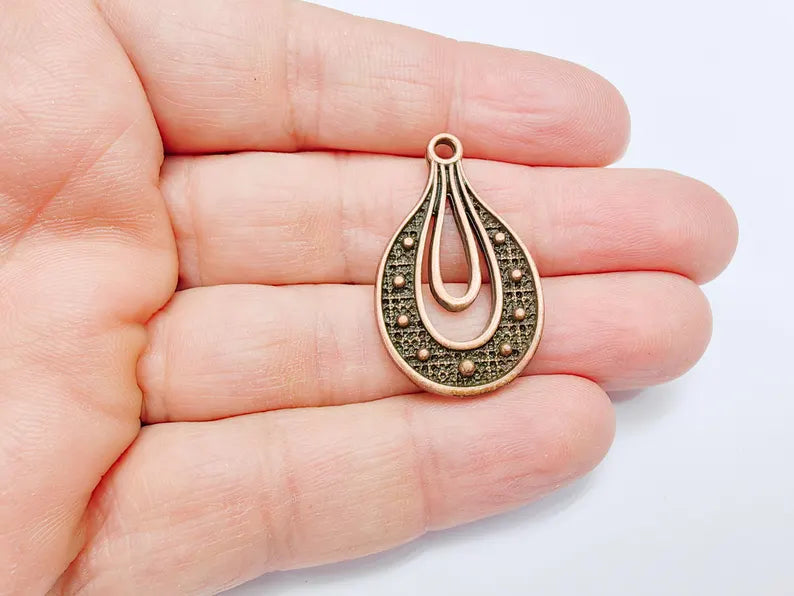 Teardrop Pendant, Filigree Boho Charm, Vintage Drop Jewelry, DIY Craft Rustic Elegant Necklace Supply, Antique Copper Plated 36x22mm G36944