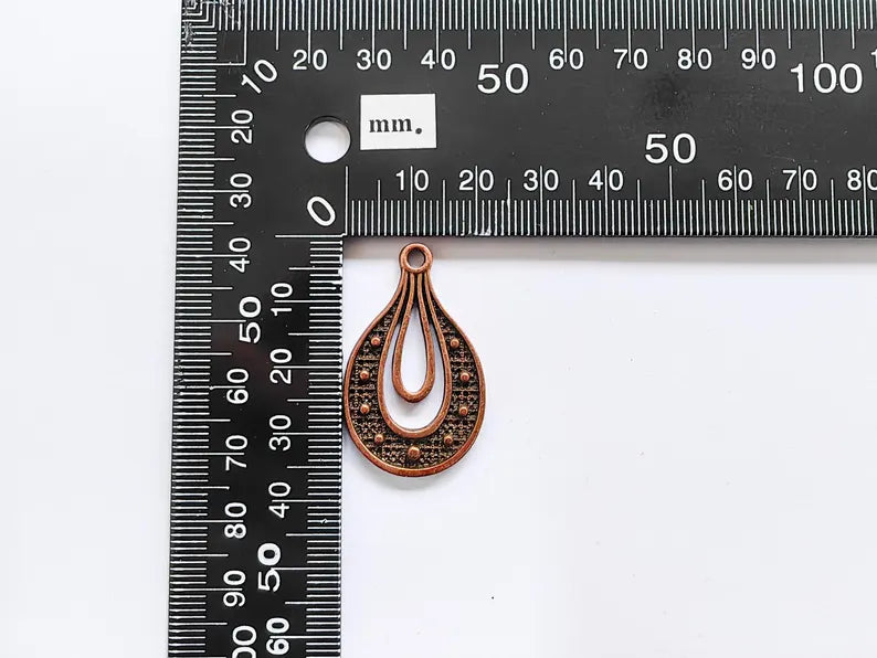Teardrop Pendant, Filigree Boho Charm, Vintage Drop Jewelry, DIY Craft Rustic Elegant Necklace Supply, Antique Copper Plated 36x22mm G36944