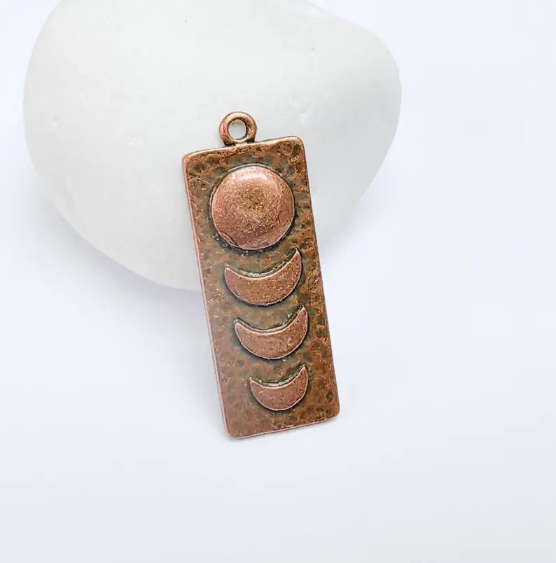 Moon Phase Pendant, Celestial Boho Charm, Lunar Cycle Necklace, DIY Craft, Rustic Mystical Accessory, Antique Copper Plated 38x14mm G36945