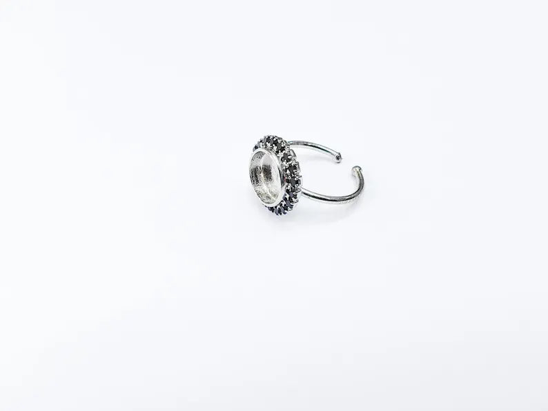 Ring Blank with Black Crystals, Ring Bezel Setting Cabochon Resin Mounting Shiny Silver Base Rhodium Plated Brass Adjustable (10mm) G36961