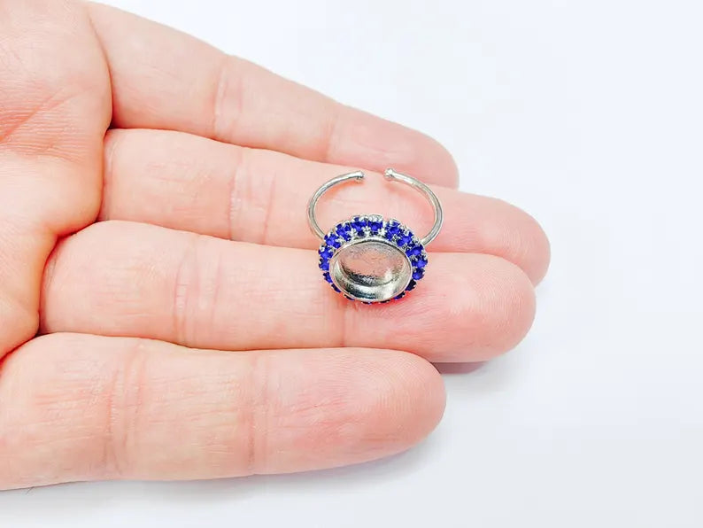 Ring Blank Navy Blue Crystals, Ring Bezel Setting Cabochon Resin Mounting Shiny Silver Base Rhodium Plated Brass Adjustable (10mm) G36964
