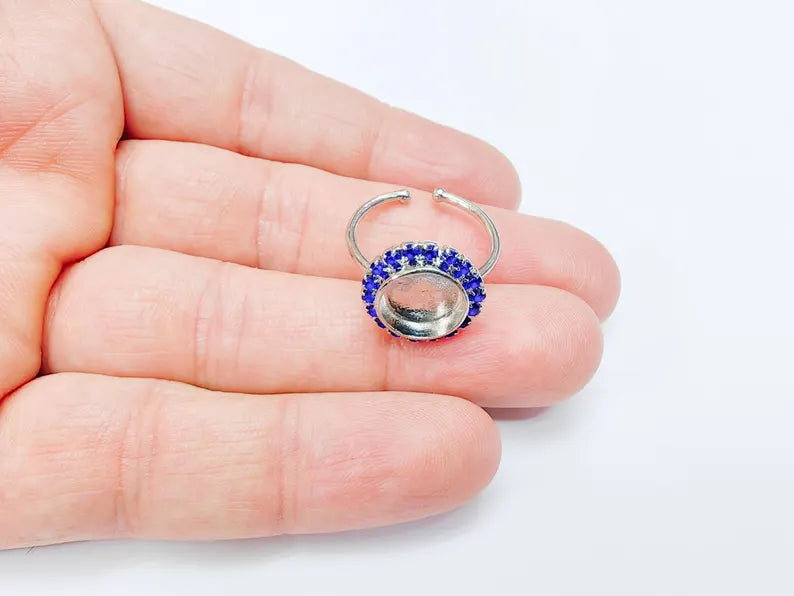 Ring Blank Navy Blue Crystals, Ring Bezel Setting Cabochon Resin Mounting Shiny Silver Base Rhodium Plated Brass Adjustable (10mm) G36964
