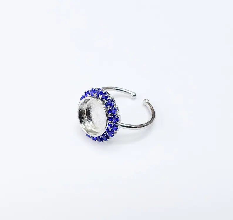 Ring Blank Navy Blue Crystals, Ring Bezel Setting Cabochon Resin Mounting Shiny Silver Base Rhodium Plated Brass Adjustable (10mm) G36964