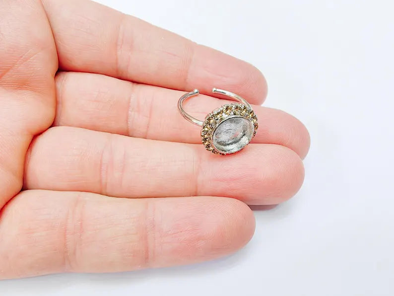 Ring Blank Honey Color Crystals, Ring Bezel Setting Cabochon Resin Mounting Shiny Silver Base Rhodium Plated Brass Adjustable (10mm) G36970