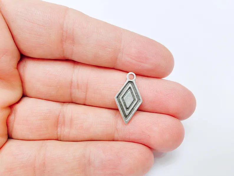 5 Geometric Diamond Charm, Tribal Boho Pendant for DIY Jewelry, Small Charm for Necklaces & Earring, Antique Silver Plated 22x12mm G36973