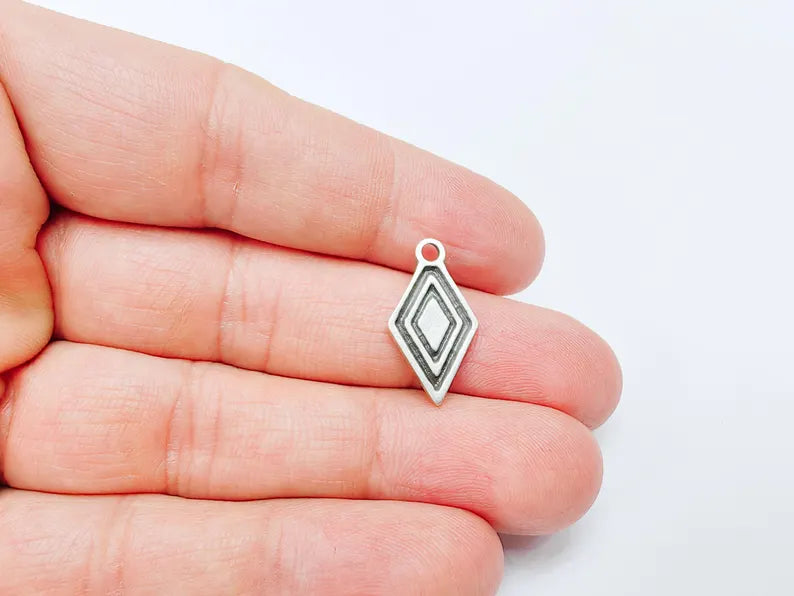 5 Geometric Diamond Charm, Tribal Boho Pendant for DIY Jewelry, Small Charm for Necklaces & Earring, Antique Silver Plated 22x12mm G36973