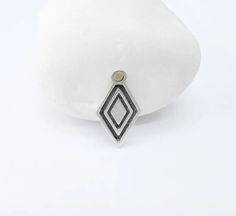 5 Geometric Diamond Charm, Tribal Boho Pendant for DIY Jewelry, Small Charm for Necklaces & Earring, Antique Silver Plated 22x12mm G36973