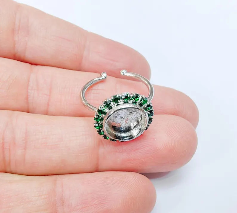 Ring Blank Green Crystals, Ring Bezel Setting Cabochon Resin Mounting Shiny Silver Base Rhodium Plated Brass Adjustable (10mm) G36974