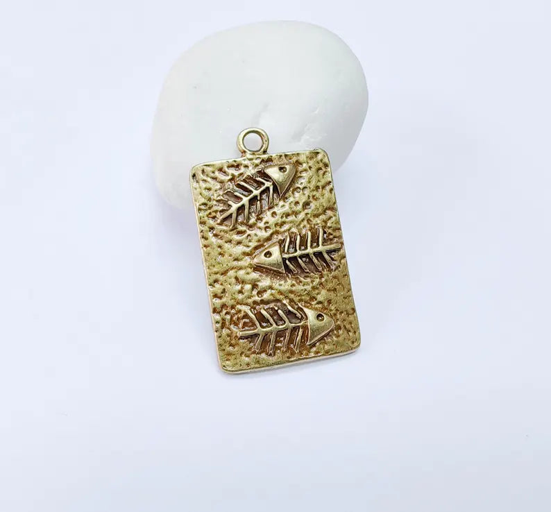 Fishbone Charm, Fish Skeleton Pendant, Ocean Boho Nautical Necklace, Marine Life Statement Piece, Antique Bronze Plated 43x26mm G36975