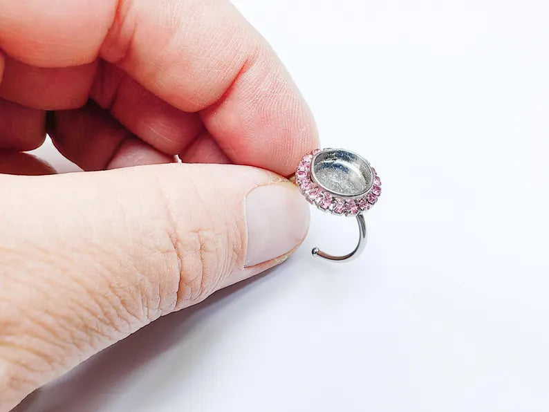 Ring Blank Pink Crystals, Ring Bezel Setting Cabochon Resin Mounting Shiny Silver Base Rhodium Plated Brass Adjustable (10mm) G36978