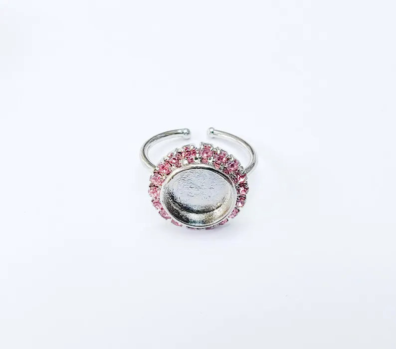 Ring Blank Pink Crystals, Ring Bezel Setting Cabochon Resin Mounting Shiny Silver Base Rhodium Plated Brass Adjustable (10mm) G36978