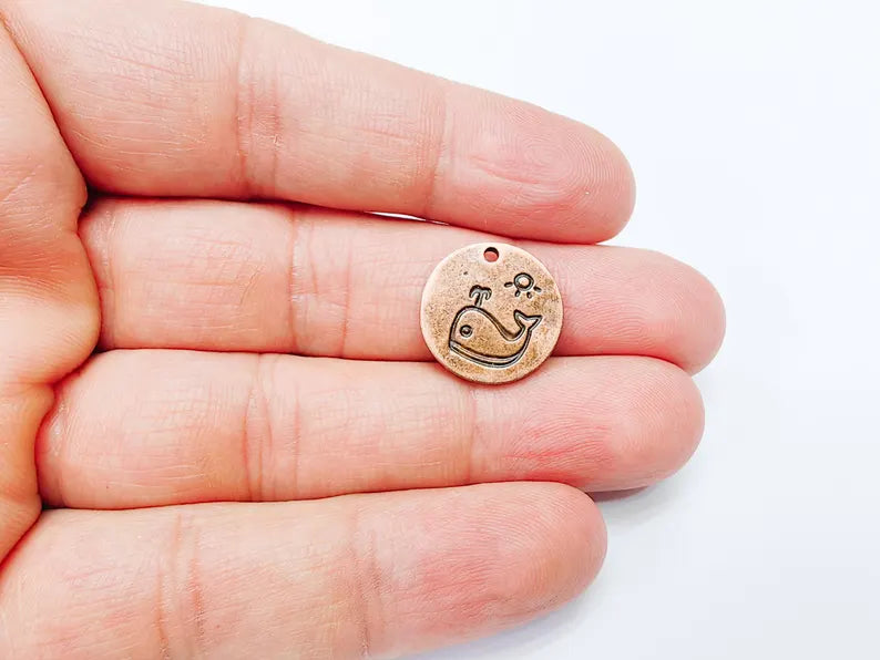 4 Whale and Sun Charms, Round Boho Charm, Earring Charm, Dangle Pendant, Necklace Parts, Antique Copper Plated Metal 17mm G36979