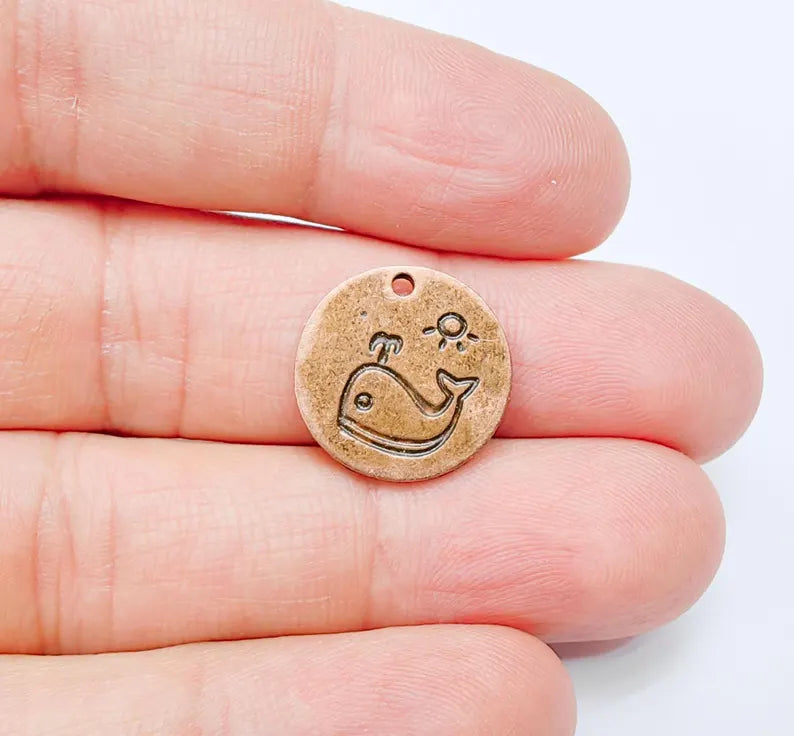 4 Whale and Sun Charms, Round Boho Charm, Earring Charm, Dangle Pendant, Necklace Parts, Antique Copper Plated Metal 17mm G36979