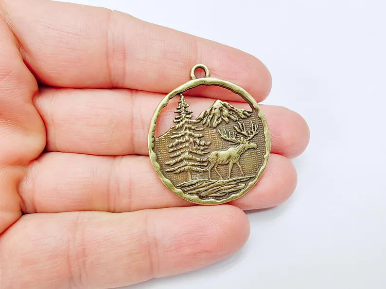 Elk Pendant, Deer Charms, Moose Forest Wildlife Charm, Mountain Tree, Rustic Boho DIY Craft Supply, Antique Bronze Plated 39x34mm G36980