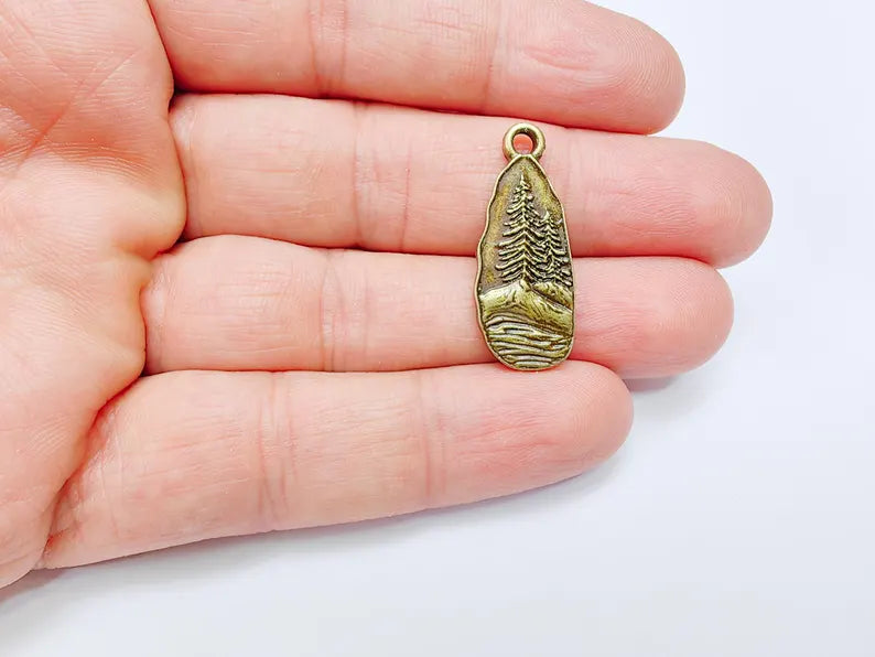 Pine Tree Rocky, Mountain Charms, Forest Landscape Pendant, Nature Pendant Boho Earring Charms, Antique Bronze Plated 31x12mm G36981