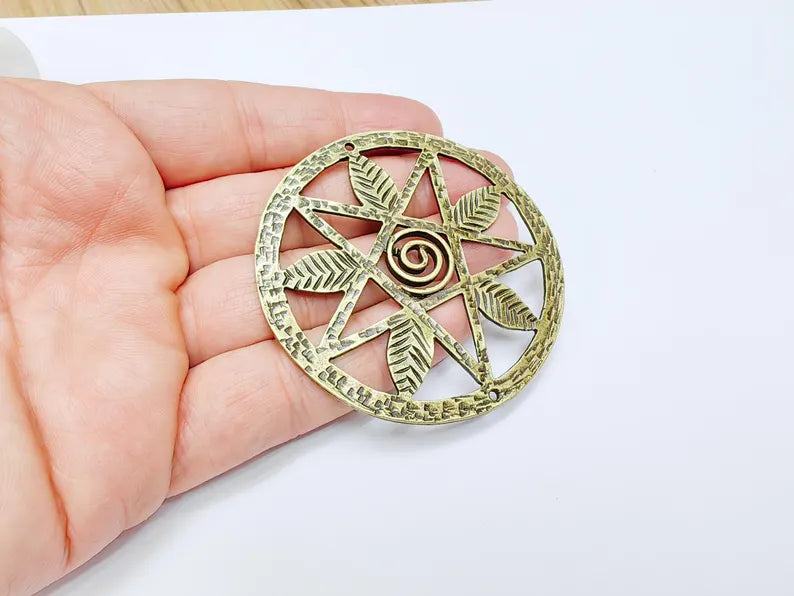 Pentagram Leaf Pendant, Spiral Center Charm, Boho Sacred Geometry Charm, Handmade Craft Supplies, Antique Bronze Plated 68mm G36986