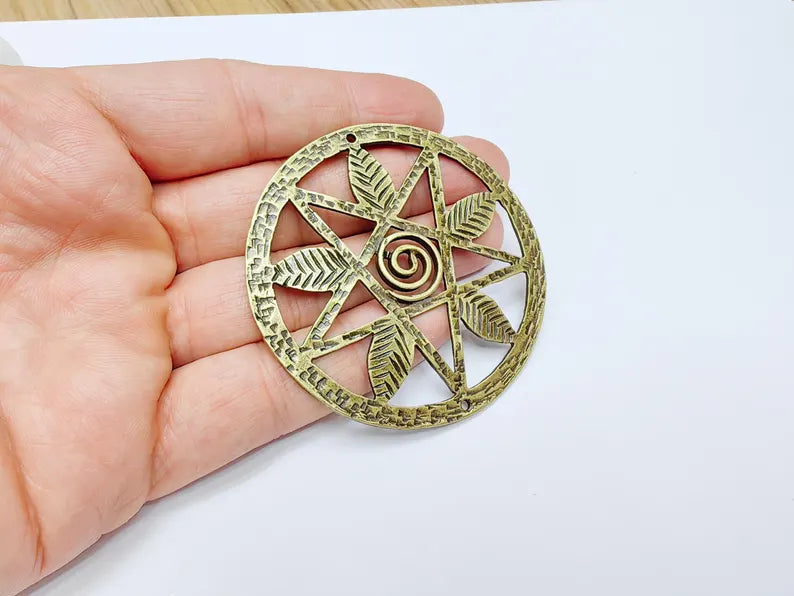 Pentagram Leaf Pendant, Spiral Center Charm, Boho Sacred Geometry Charm, Handmade Craft Supplies, Antique Bronze Plated 68mm G36986