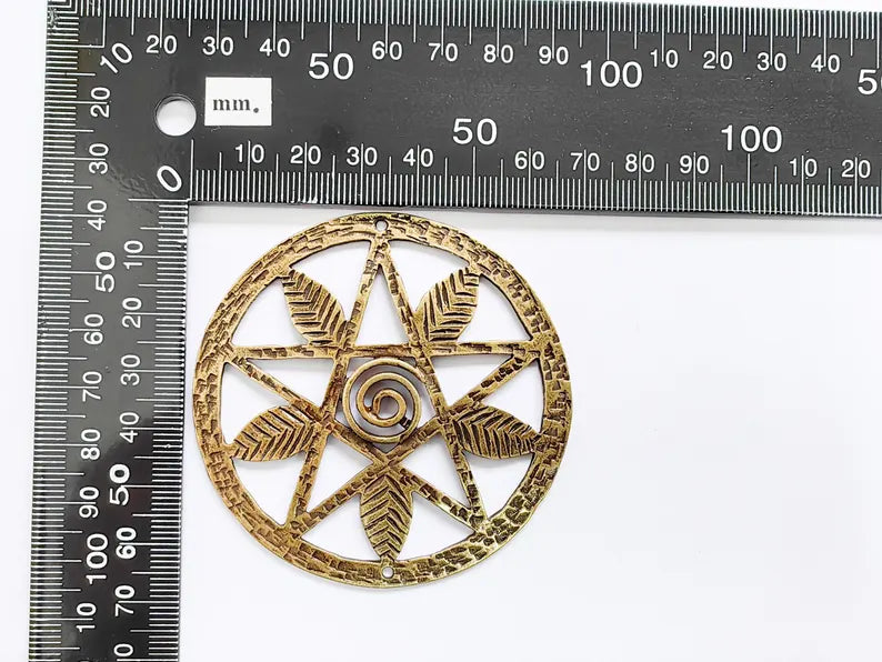 Pentagram Leaf Pendant, Spiral Center Charm, Boho Sacred Geometry Charm, Handmade Craft Supplies, Antique Bronze Plated 68mm G36986