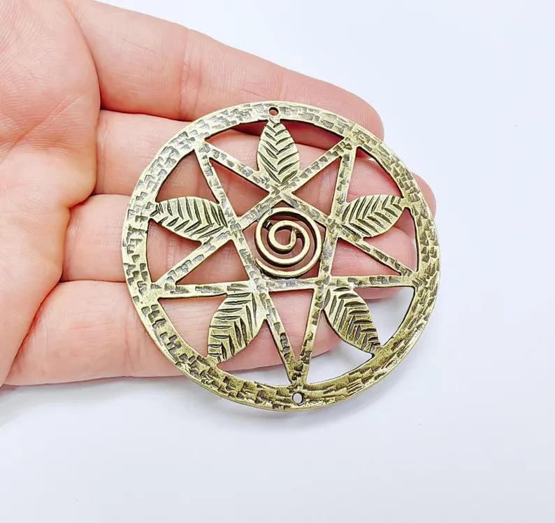 Pentagram Leaf Pendant, Spiral Center Charm, Boho Sacred Geometry Charm, Handmade Craft Supplies, Antique Bronze Plated 68mm G36986