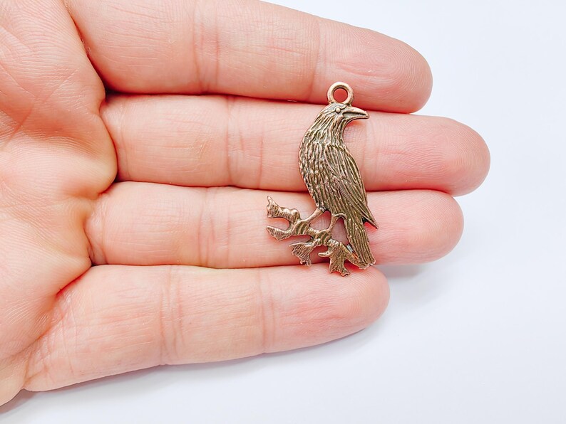 Raven Charm Pendant, Gothic Boho Charm, Nature Earring Charm, Mystical Bird, Necklace Parts, Antique Copper Plated 39x25mm G36987