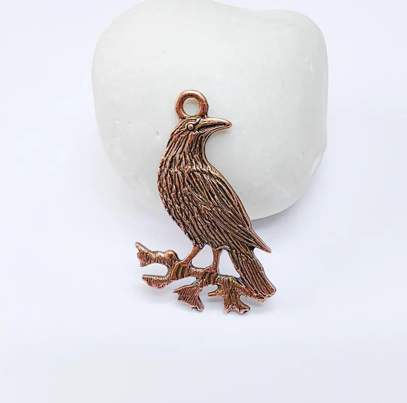 Raven Charm Pendant, Gothic Boho Charm, Nature Earring Charm, Mystical Bird, Necklace Parts, Antique Copper Plated 39x25mm G36987