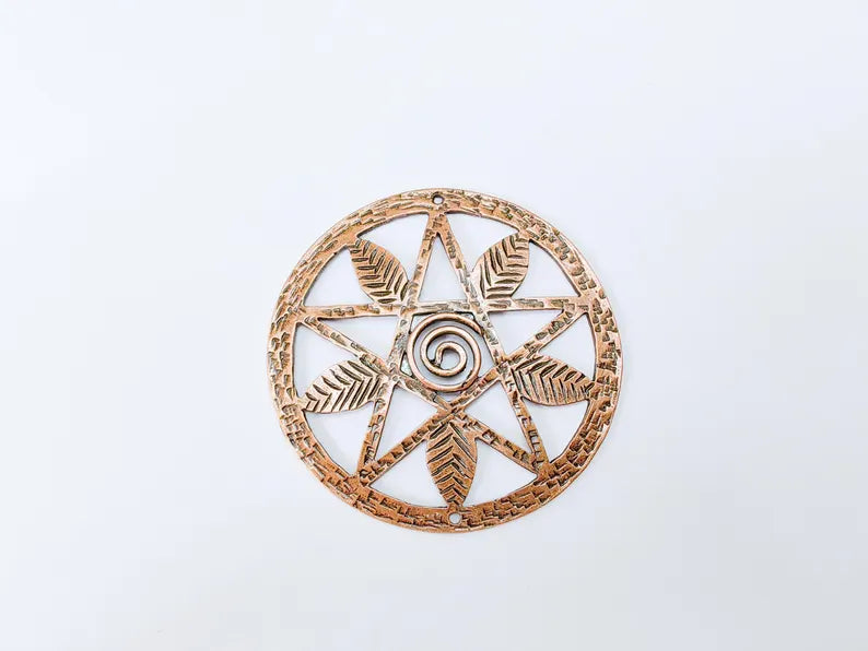 Pentagram Leaf Pendant, Spiral Center Charm, Boho Sacred Geometry Charm, Handmade Craft Supplies, Antique Copper Plated 68mm G36989