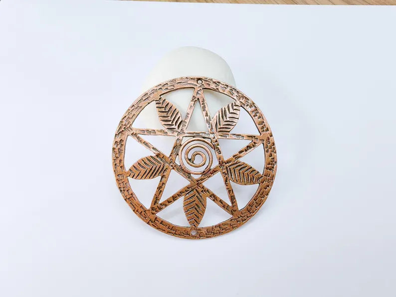 Pentagram Leaf Pendant, Spiral Center Charm, Boho Sacred Geometry Charm, Handmade Craft Supplies, Antique Copper Plated 68mm G36989