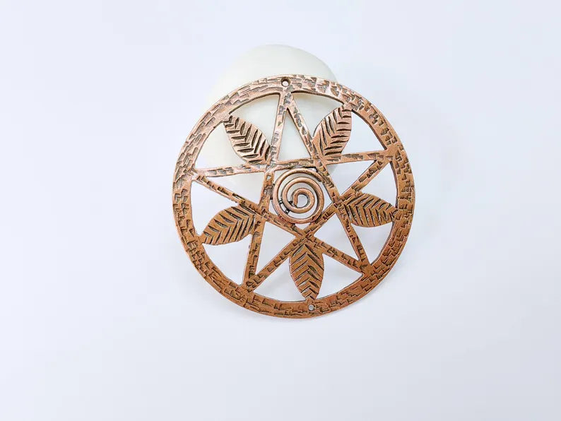 Pentagram Leaf Pendant, Spiral Center Charm, Boho Sacred Geometry Charm, Handmade Craft Supplies, Antique Copper Plated 68mm G36989