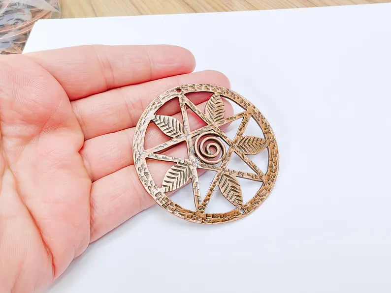 Pentagram Leaf Pendant, Spiral Center Charm, Boho Sacred Geometry Charm, Handmade Craft Supplies, Antique Copper Plated 68mm G36989