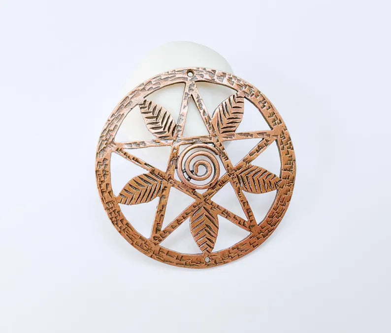 Pentagram Leaf Pendant, Spiral Center Charm, Boho Sacred Geometry Charm, Handmade Craft Supplies, Antique Copper Plated 68mm G36989