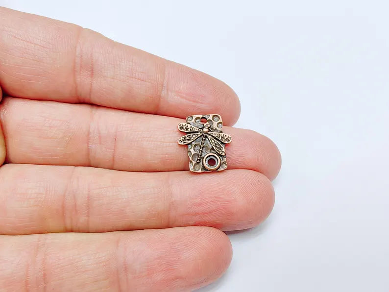 4 Dragonfly Charms, Earring Charms, Bohemian Necklace Parts, Dragonfly Pendant with Textured Design, Antique Copper Plated 16x15mm G36990
