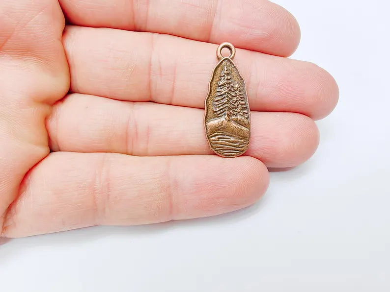 Pine Tree Rocky, Mountain Charms, Forest Landscape Pendant, Nature Pendant Boho Earring Charms, Antique Copper Plated 31x12mm G36995