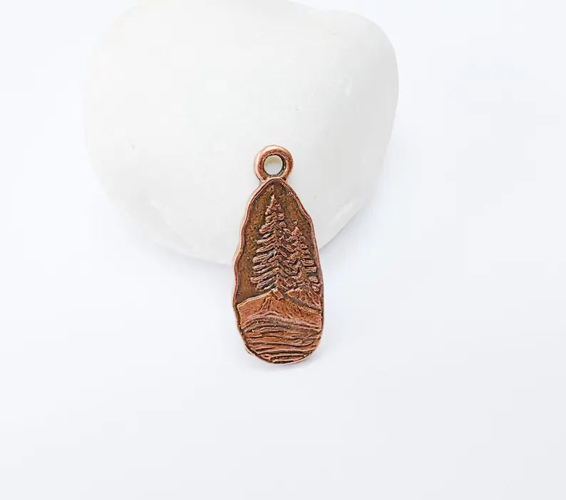 Pine Tree Rocky, Mountain Charms, Forest Landscape Pendant, Nature Pendant Boho Earring Charms, Antique Copper Plated 31x12mm G36995