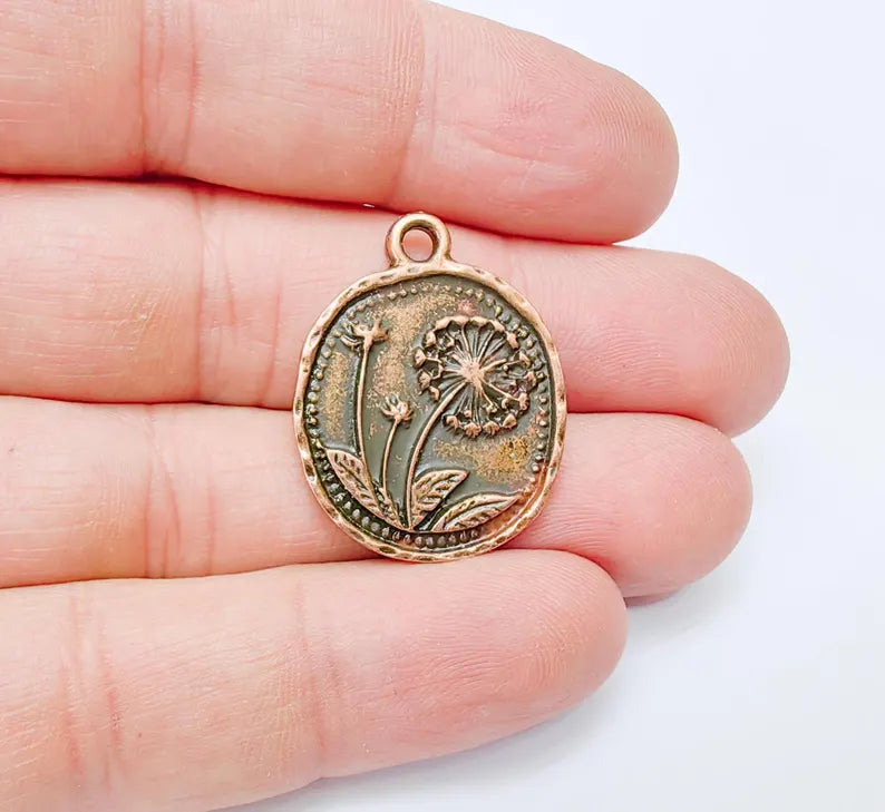 Dandelion Charms, Copper Flower Charms, Boho Charms, Earring Charms, Copper Pendant, Necklace Parts, Antique Copper Plated 28x23mm G36996