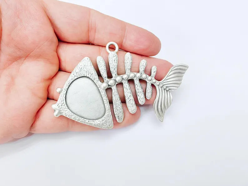 Fish Skeleton Pendant, Fishbone Pendant, Large Nautical Charm, Ocean Themed Statement Pendant, Antique Silver Plated 91x54mm G36999