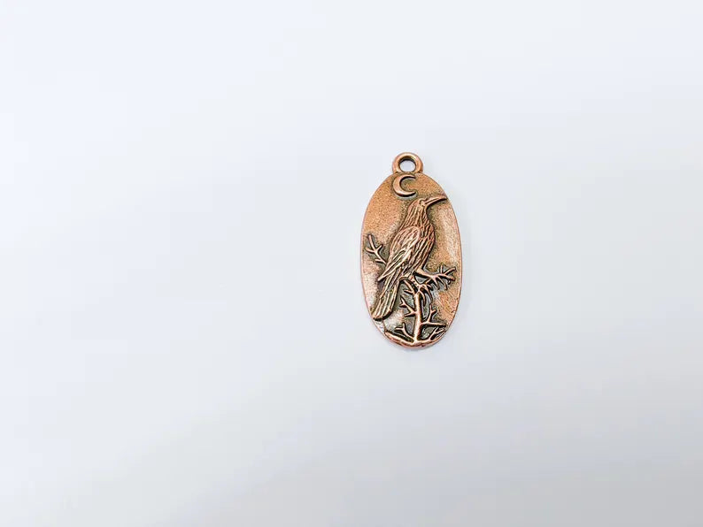 Raven Charm Charm, Gothic Boho Pendant, Bird and Moon Earring Charm, Oval Celestial Mystical Necklace, Antique Copper Plated 35x17mm G37004