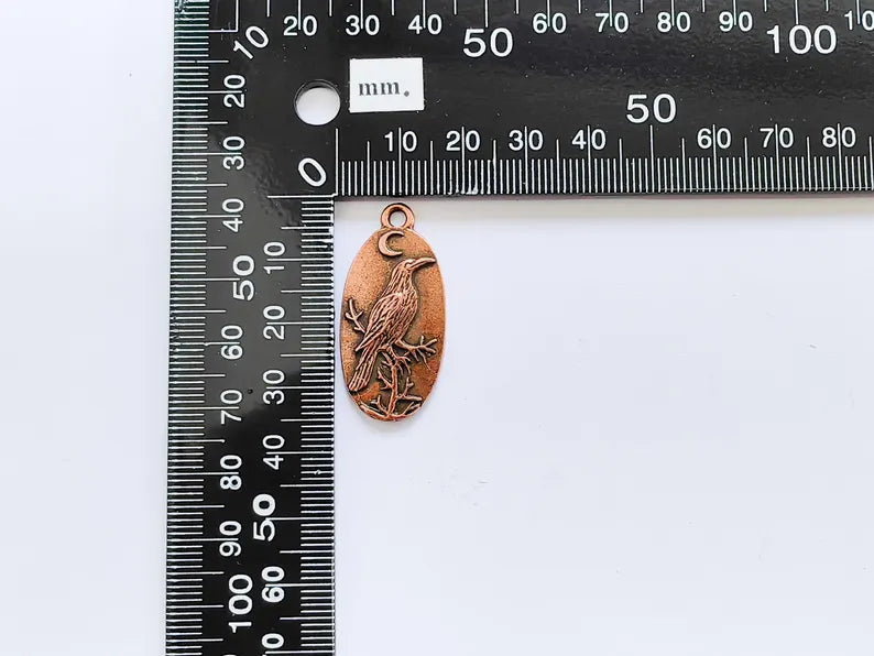 Raven Charm Charm, Gothic Boho Pendant, Bird and Moon Earring Charm, Oval Celestial Mystical Necklace, Antique Copper Plated 35x17mm G37004