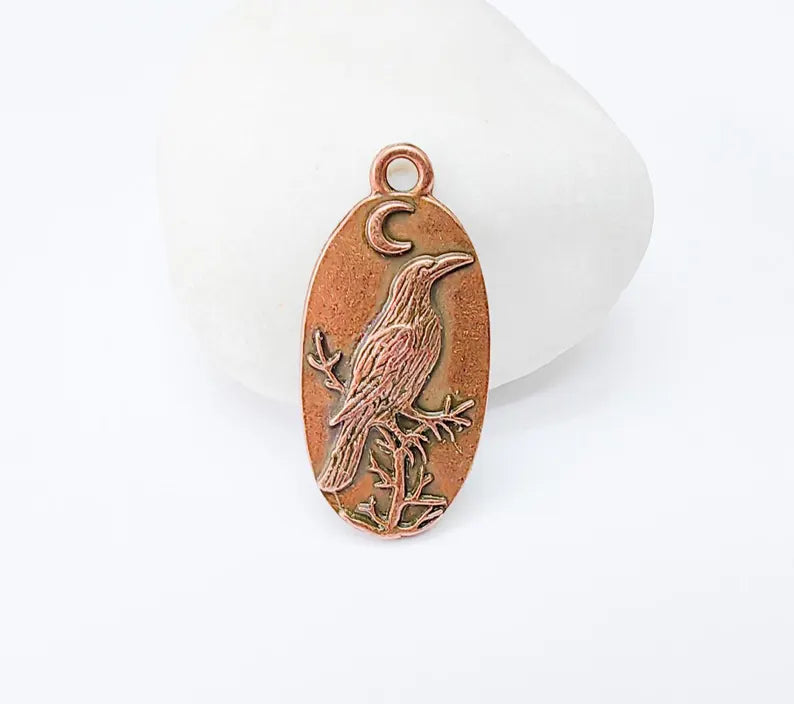 Raven Charm Charm, Gothic Boho Pendant, Bird and Moon Earring Charm, Oval Celestial Mystical Necklace, Antique Copper Plated 35x17mm G37004